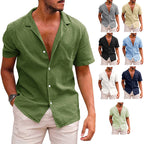 Men's casual short-sleeve linen-blend button-down shirt with a notched collar, available in multiple solid colors.