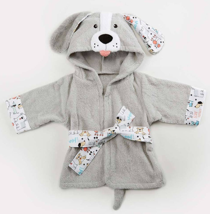 Grey cotton baby bathrobe with a hooded puppy face, featuring patterned trim and tie belt with dog-themed motifs.