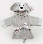 Grey cotton baby bathrobe with a hooded puppy face, featuring patterned trim and tie belt with dog-themed motifs.