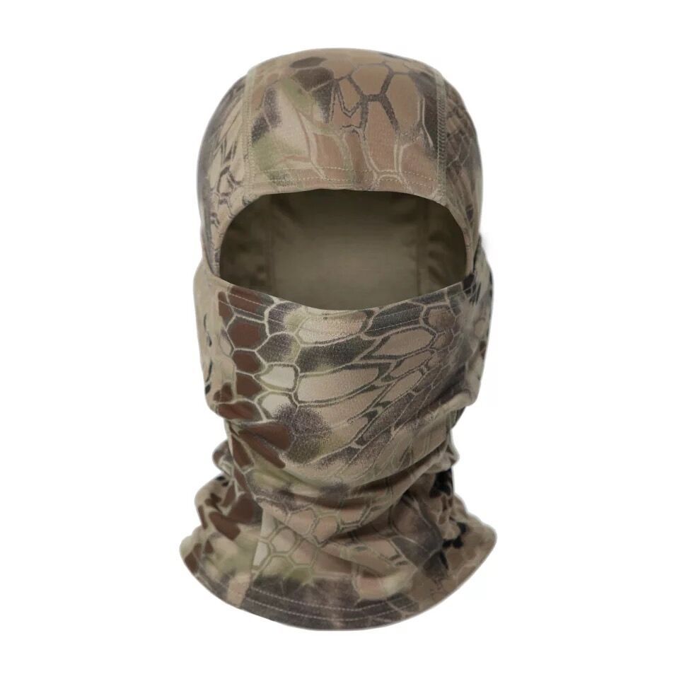 Tactical balaclava in a beige and brown hexagonal camouflage print made of lightweight, breathable technical fabric.