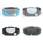 Four fabric stroller organizers with side cup holders and patterned, flap-covered central pockets in various colors.