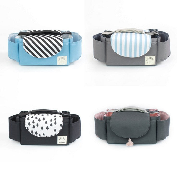 Four fabric stroller organizers with side cup holders and patterned, flap-covered central pockets in various colors.