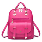 Hot pink PU leather dual-use backpack with gold-tone hardware, top handle, zippered pockets, and front flap closure.