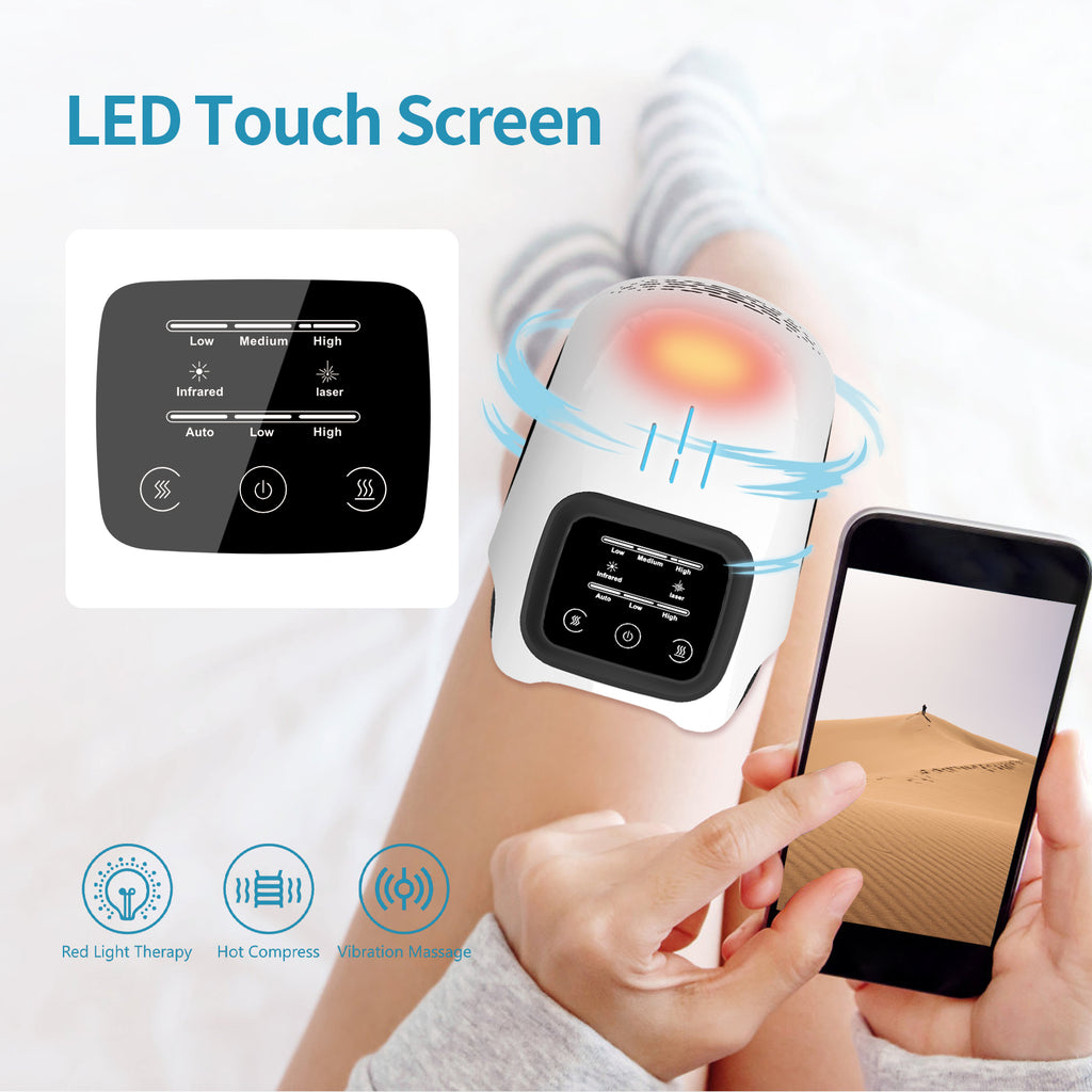 White knee massager with LED touch screen, vibration, heating, and infrared laser features, shown in use on a leg.