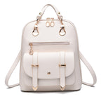 Off-white PU leather convertible backpack with gold-tone hardware, front pocket with buckle straps, and top handle.