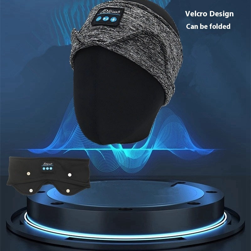 Grey heathered fabric Bluetooth headband on a mannequin head, with a flat view of the black sleep mask version below.