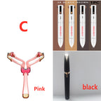 Eyebrow shaping set featuring a foldable pink stencil, a 4-in-1 black brow pen, and brown color-coded makeup pencils.