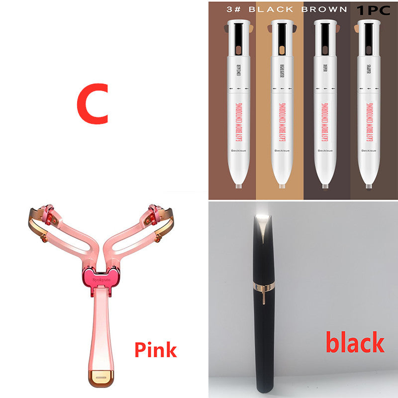 Eyebrow shaping set featuring a foldable pink stencil, a 4-in-1 black brow pen, and brown color-coded makeup pencils.
