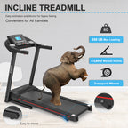 Black foldable electric treadmill with an LCD display, manual incline, transport wheels, and 250lb weight capacity.