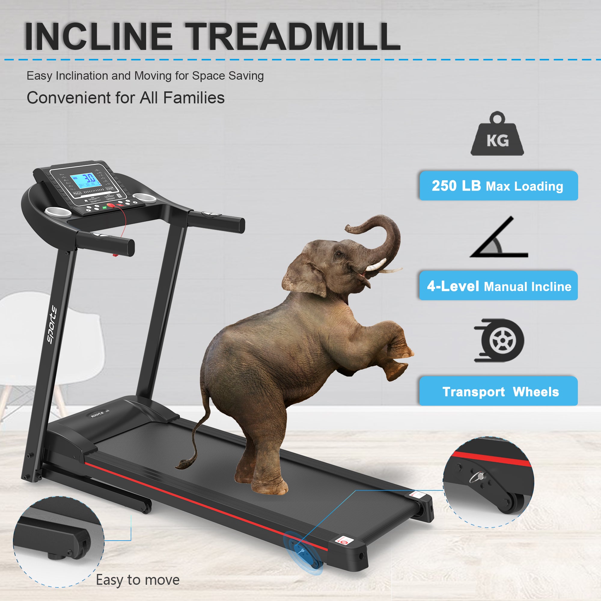 Black foldable electric treadmill with an LCD display, manual incline, transport wheels, and 250lb weight capacity.