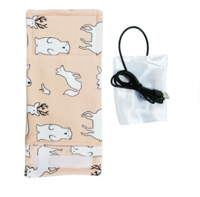 Peach-colored USB baby bottle warmer wrap with white animal prints and a black USB power cable.