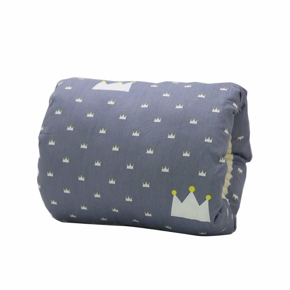 Grey cotton baby nursing arm pillow featuring a white crown pattern and soft, textured inner lining.