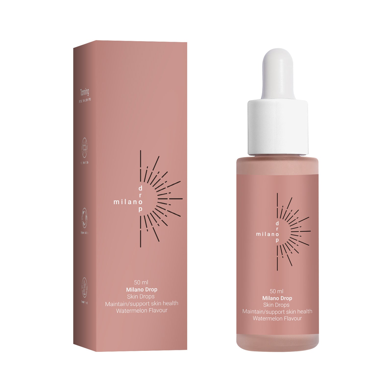 Milano Drop tanning serum in a dusty pink bottle and box with a white dropper cap, minimalist sun logo and text.