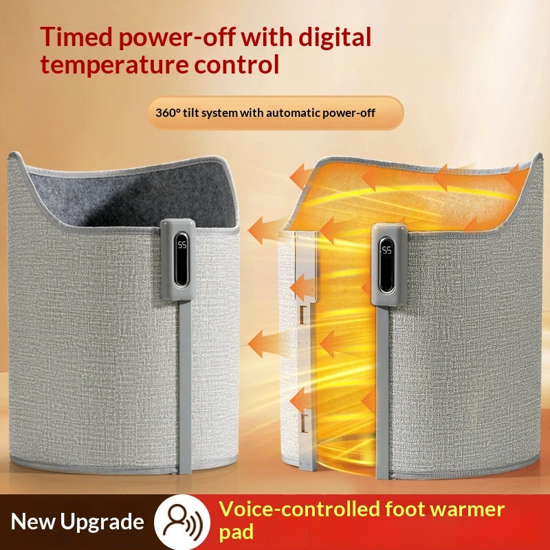 Gray fabric under-desk foot warmer with digital temperature control, heating visual effects, and auto-off tilt safety.