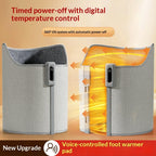 Gray fabric under-desk foot warmer with digital temperature control, heating visual effects, and auto-off tilt safety.