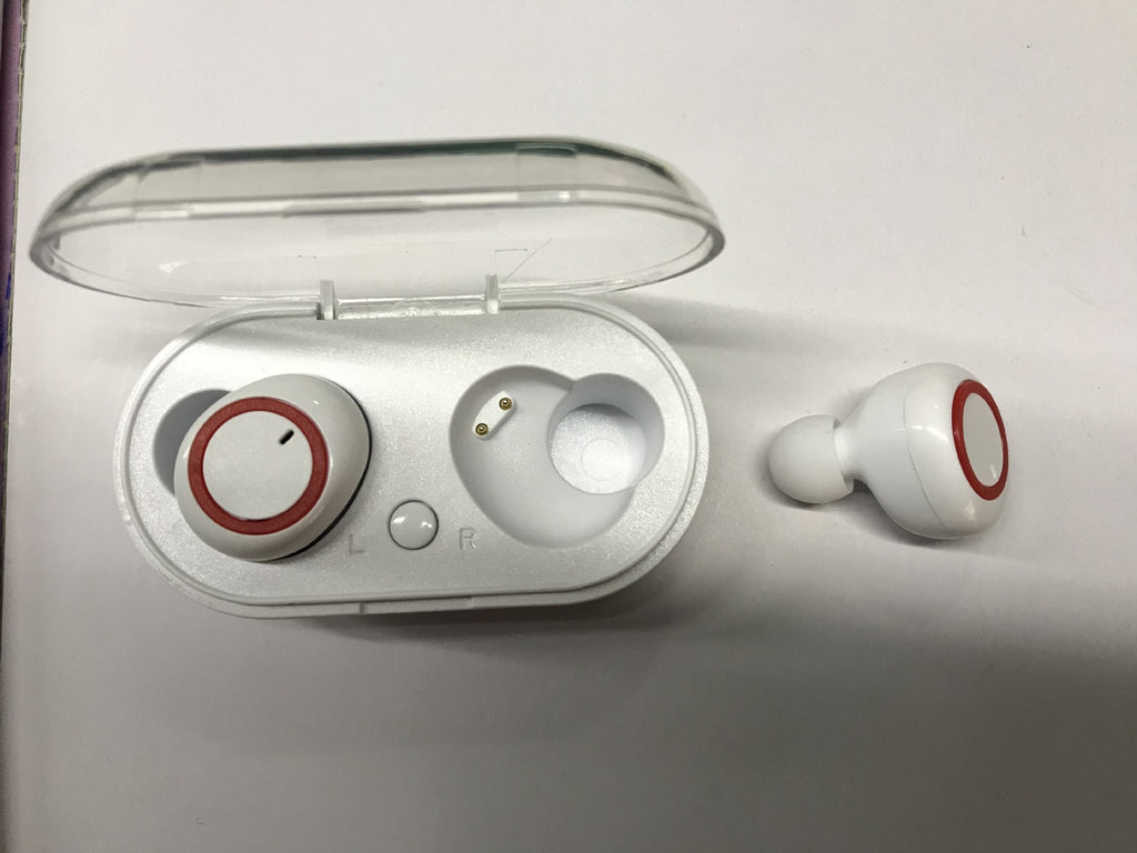 Digitaldistribution375 white wireless in-ear headphones with red ring accents and a clear-lid charging case.