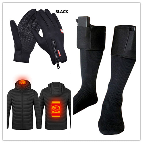 Black winter gloves with zippered cuffs, heated black socks, and a black puffer jacket with heating elements.