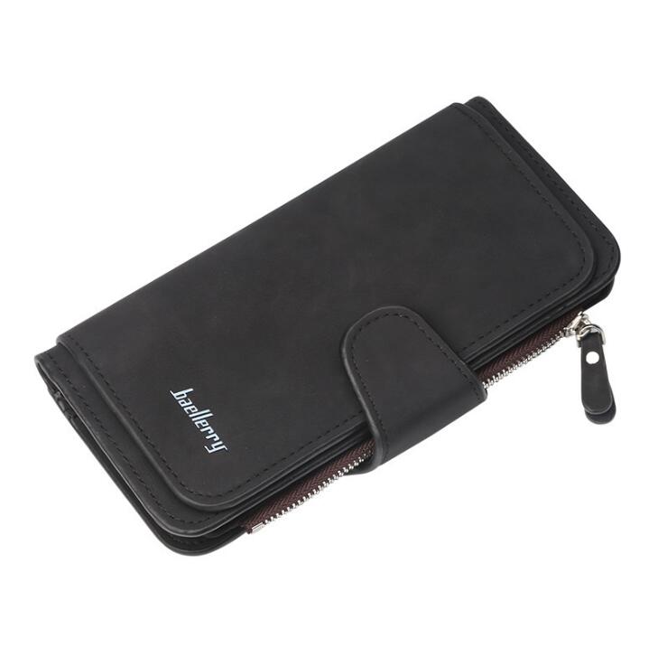 Black Baellerry women's wallet in matte faux leather with a snap button closure and side zipper pocket.