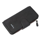 Black Baellerry women's wallet in matte faux leather with a snap button closure and side zipper pocket.