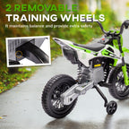 Green and white kids' 12V electric motorcycle with rear suspension, black tires, and removable training wheels.