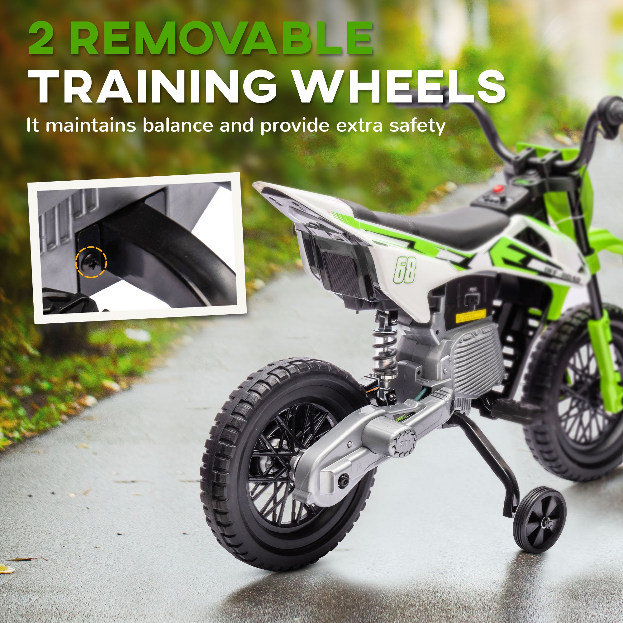 Green and white kids' 12V electric motorcycle with rear suspension, black tires, and removable training wheels.