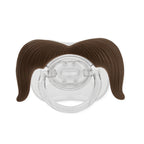 Clear plastic baby pacifier with a textured, brown silicone handlebar mustache design on a white background.