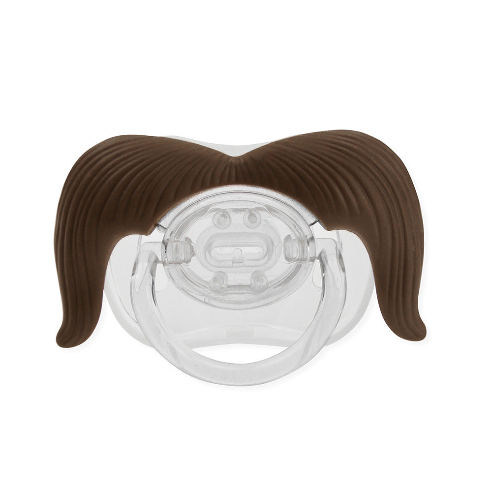 Clear plastic baby pacifier with a textured, brown silicone handlebar mustache design on a white background.
