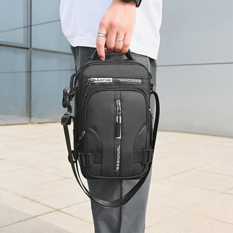 A black, multifunctional nylon crossbody chest bag with zippered compartments and "Professional" branding held by a hand.