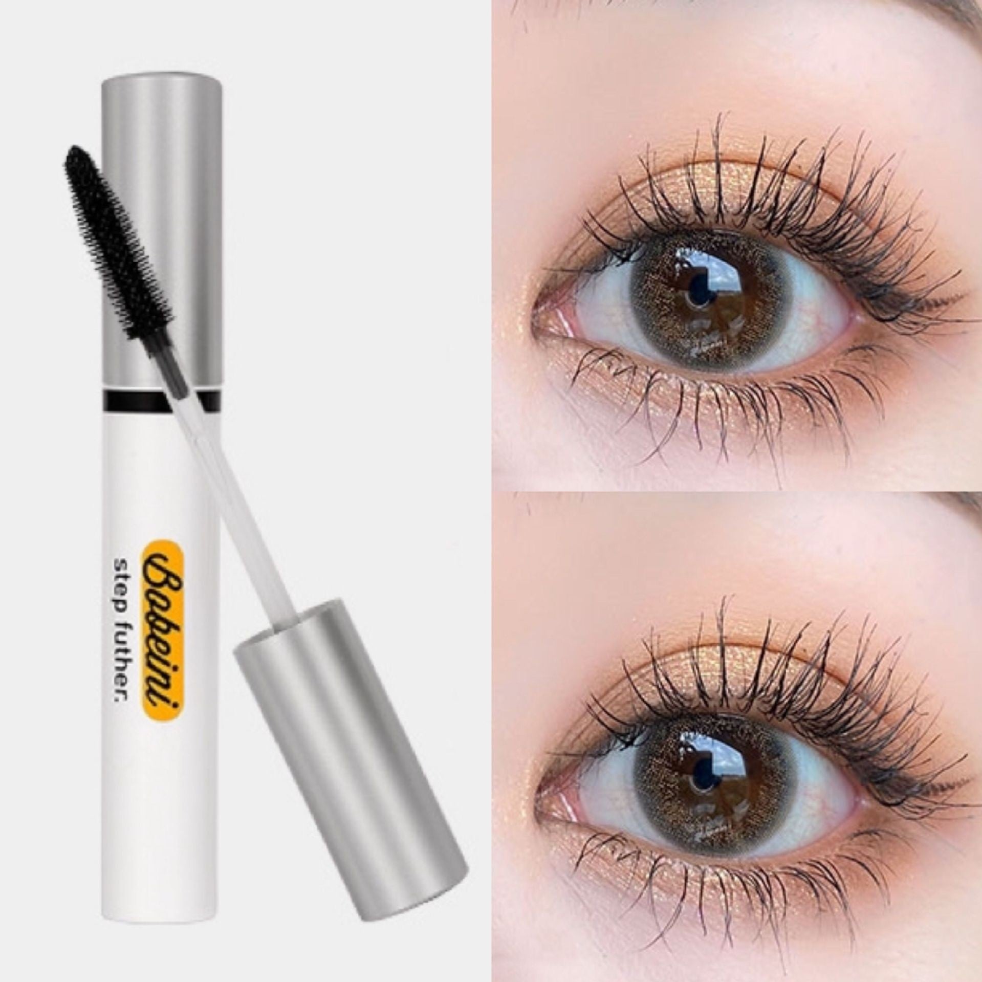 Bobeini mascara in a white tube with silver cap, showing a brush applicator and a close-up of long, curled eyelashes.