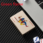 Gold metal playing card lighter featuring a colorful Joker design, windproof construction, and a green flame feature.