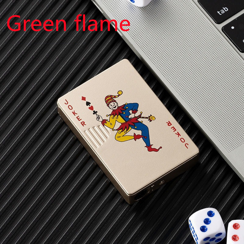 Gold metal playing card lighter featuring a colorful Joker design, windproof construction, and a green flame feature.