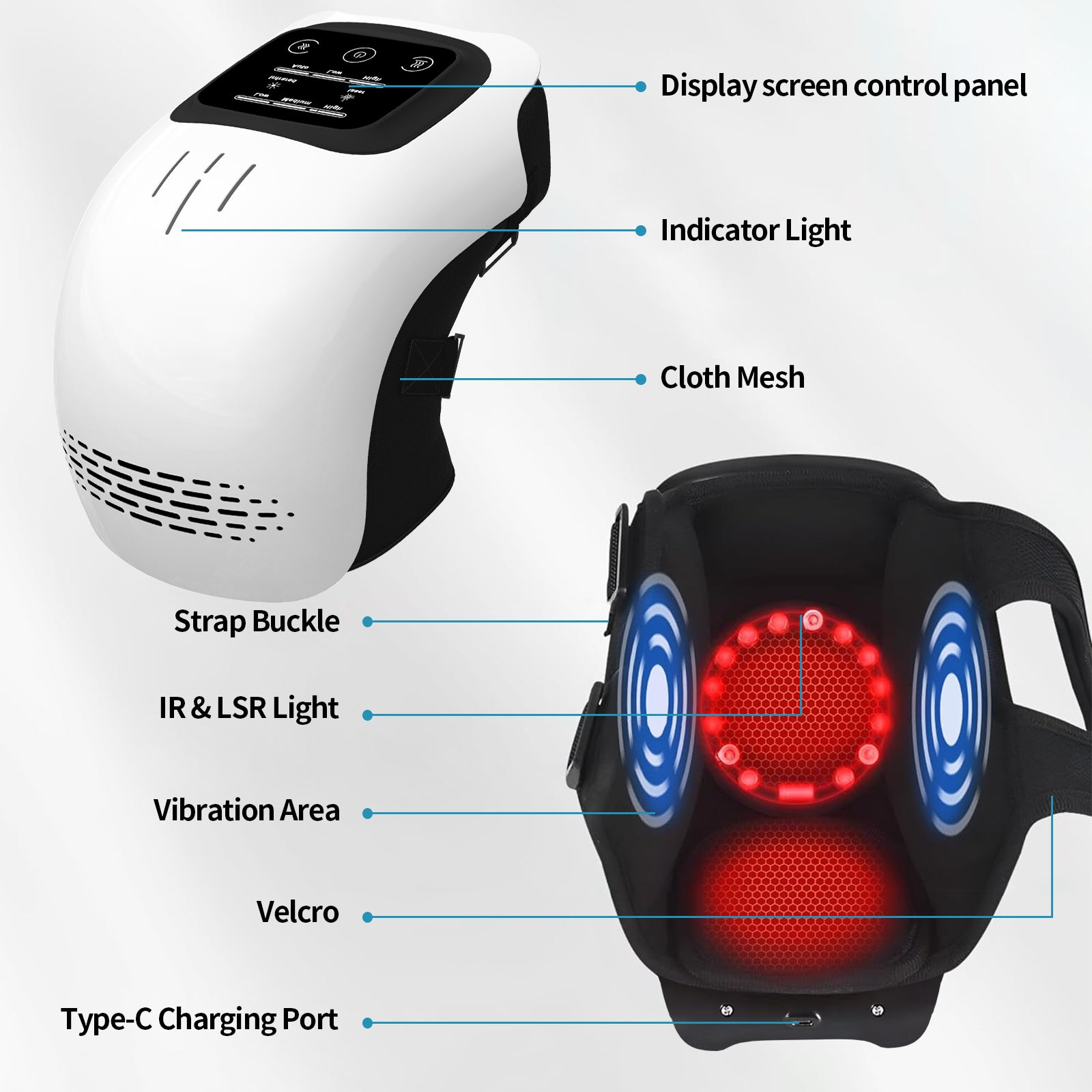 White and black rechargeable knee massager with digital control, infrared, vibration, and Velcro straps.