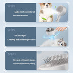 White 3-in-1 pet steam grooming brush featuring mist, UVC light, and soft metal needles to remove fur and bacteria.