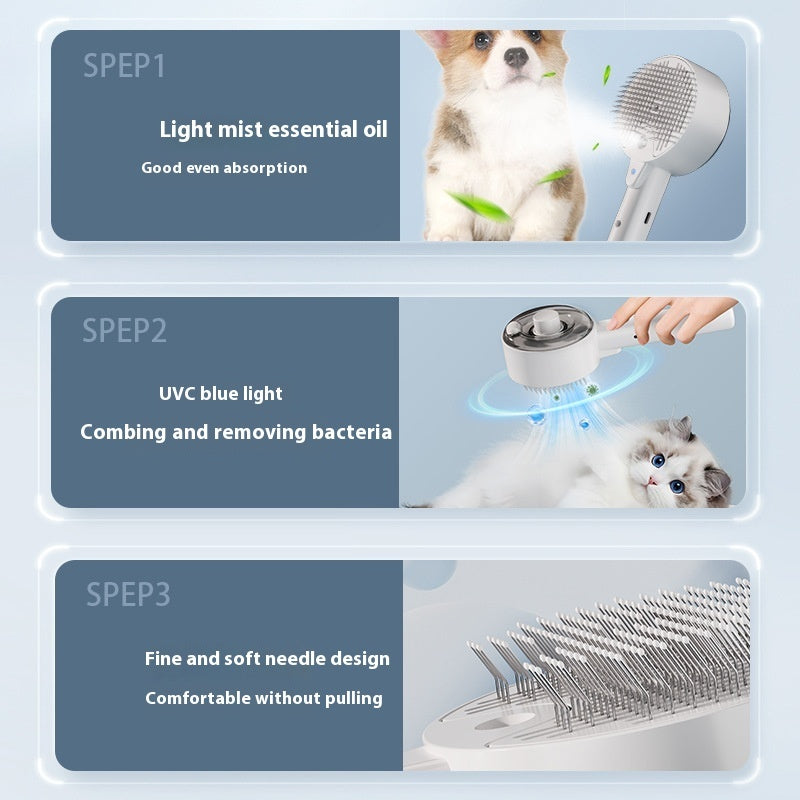 White 3-in-1 pet steam grooming brush featuring mist, UVC light, and soft metal needles to remove fur and bacteria.