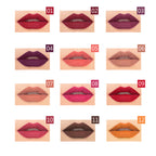 Twelve numbered swatches showing diverse, waterproof, matte-finish lipstick colors on lips.