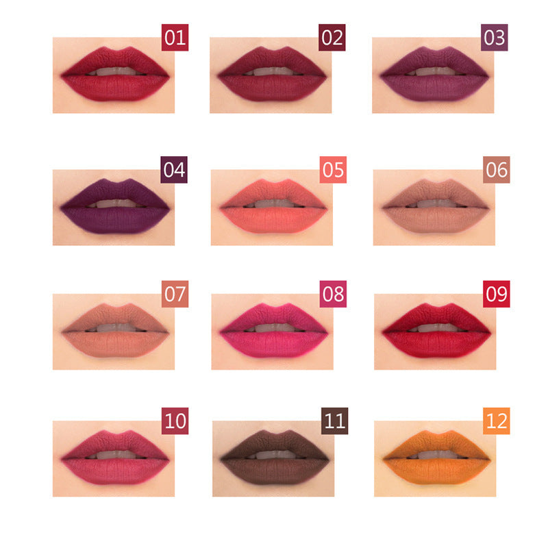 Twelve numbered swatches showing diverse, waterproof, matte-finish lipstick colors on lips.