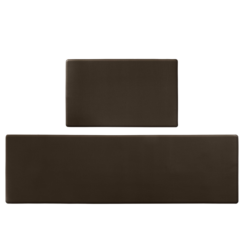 Two-piece dark brown kitchen mat set. Waterproof, non-slip, textured surface, easy-to-clean design on a white background.