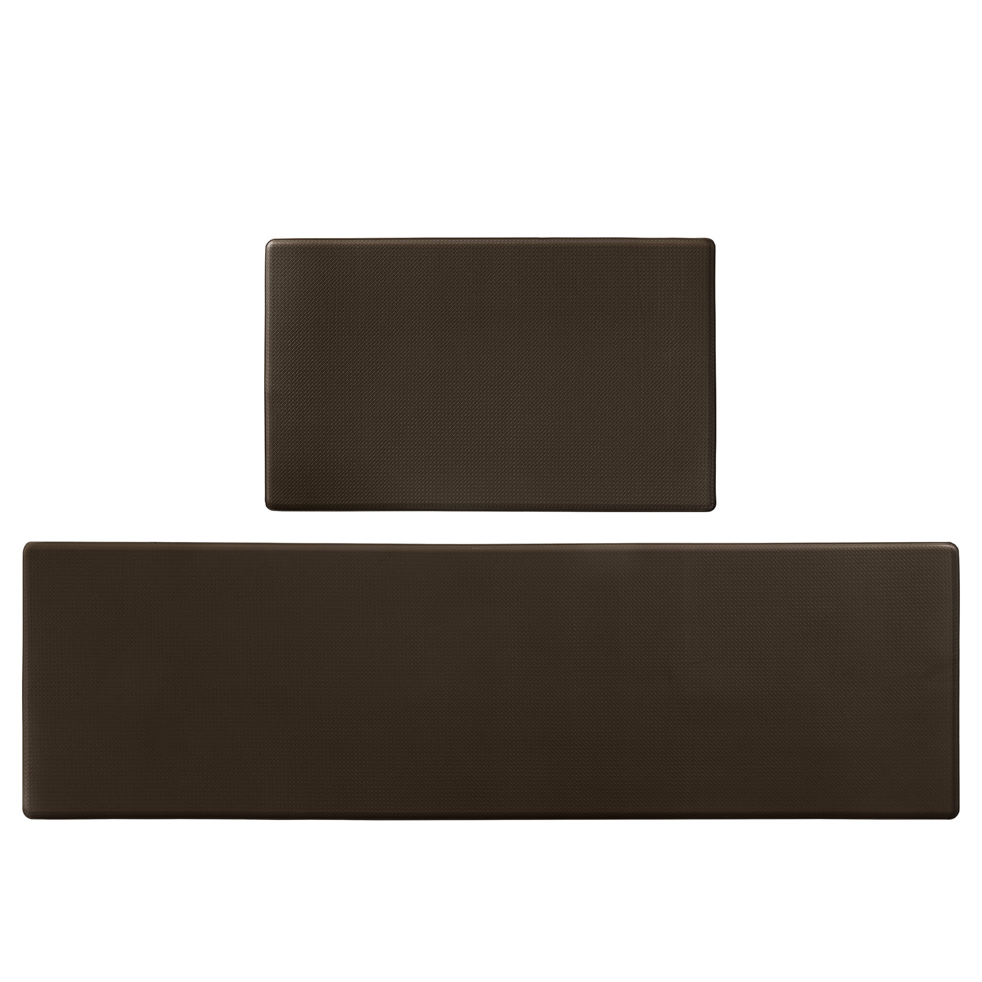 Two-piece dark brown kitchen mat set. Waterproof, non-slip, textured surface, easy-to-clean design on a white background.