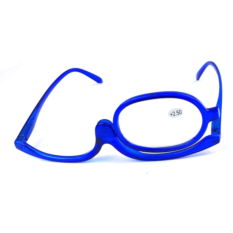 Blue plastic makeup reading glasses with a single swiveling flip-up lens, labeled +2.50, on a white background.
