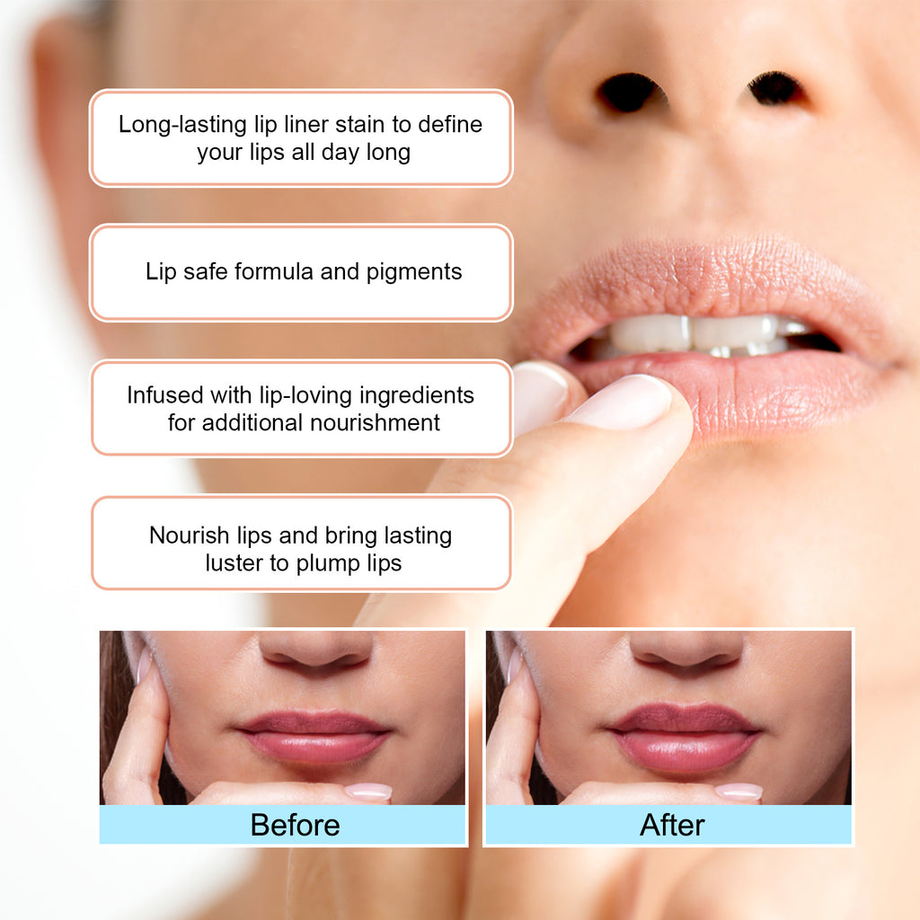 OUHOE peel-off lip liner ad showing before-and-after results for defined, plumped, and nourished lips.