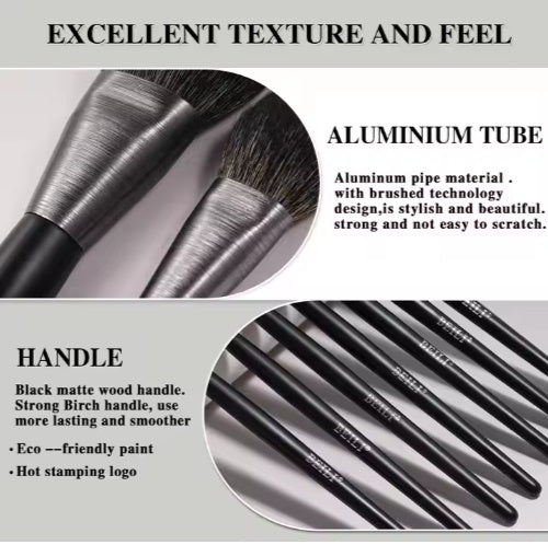 BEILI makeup brush set with black matte wood handles, natural bristles, and brushed aluminum ferrules.