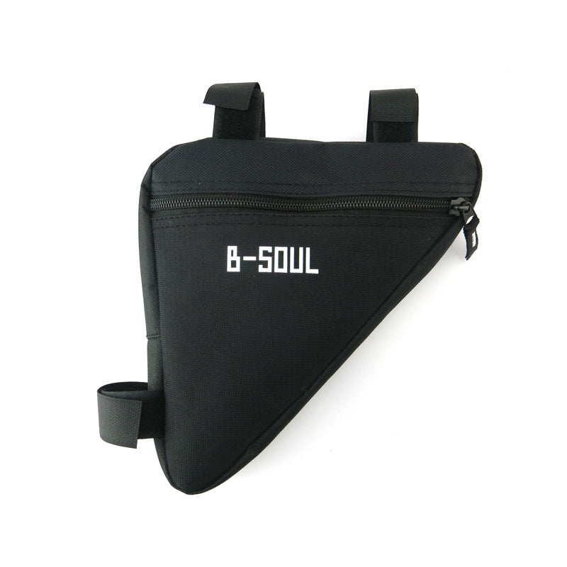 Black triangular fabric bicycle frame bag with a zipper, B-SOUL logo, and velcro mounting straps on a white background.