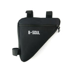 Black triangular fabric bicycle frame bag with a zipper, B-SOUL logo, and velcro mounting straps on a white background.