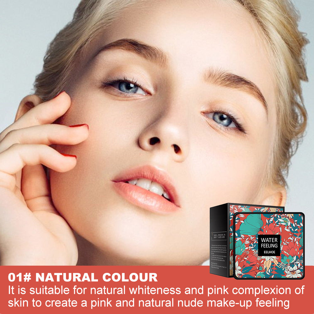 EELHOE BB cream cushion in floral packaging next to a model with a natural, flawless complexion. 01# Natural shade.