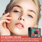 EELHOE BB cream cushion in floral packaging next to a model with a natural, flawless complexion. 01# Natural shade.