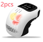 Two white and black electric knee massagers with digital touch displays and glowing red-yellow knee heat graphics.