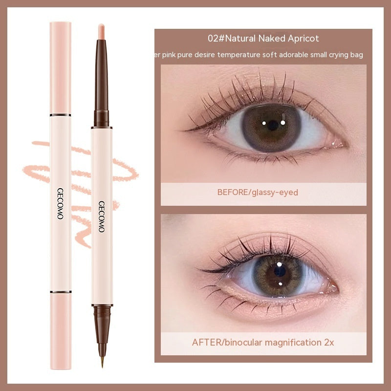 Gecomo double-ended eyeshadow pen in Natural Naked Apricot shown with before/after eye makeup application photos.