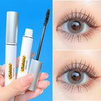 Bobeini waterproof mascara with silver and white tube, showing a brush wand and results on eyes with long, curled lashes.