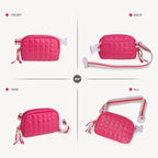 Small rose-pink quilted puffer belt bag with an adjustable striped strap and zipper closure, shown from multiple angles.