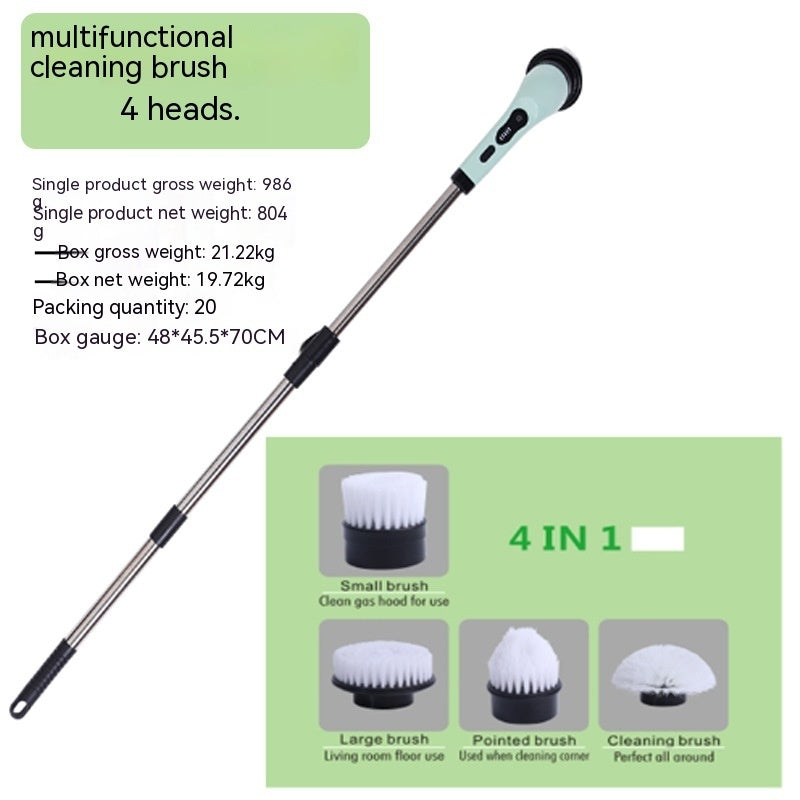 Mint green and silver wireless electric cleaning brush with long retractable metal handle and four interchangeable heads.